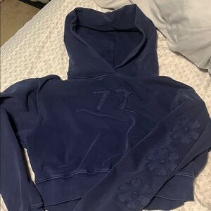American Eagle Outfitters Deep Blue Hoodie with Floral Sleeve